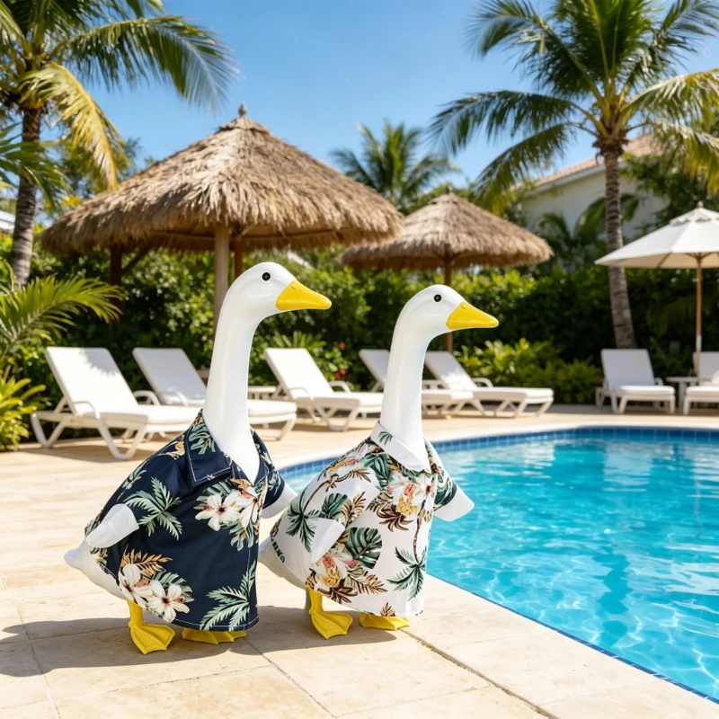 New Summer Couple Beach Outfit for 23 Inch Porch Goose Hawaiian Shirt & Tropical Beach Dress Set Beach Themed Cement Lawn Goose