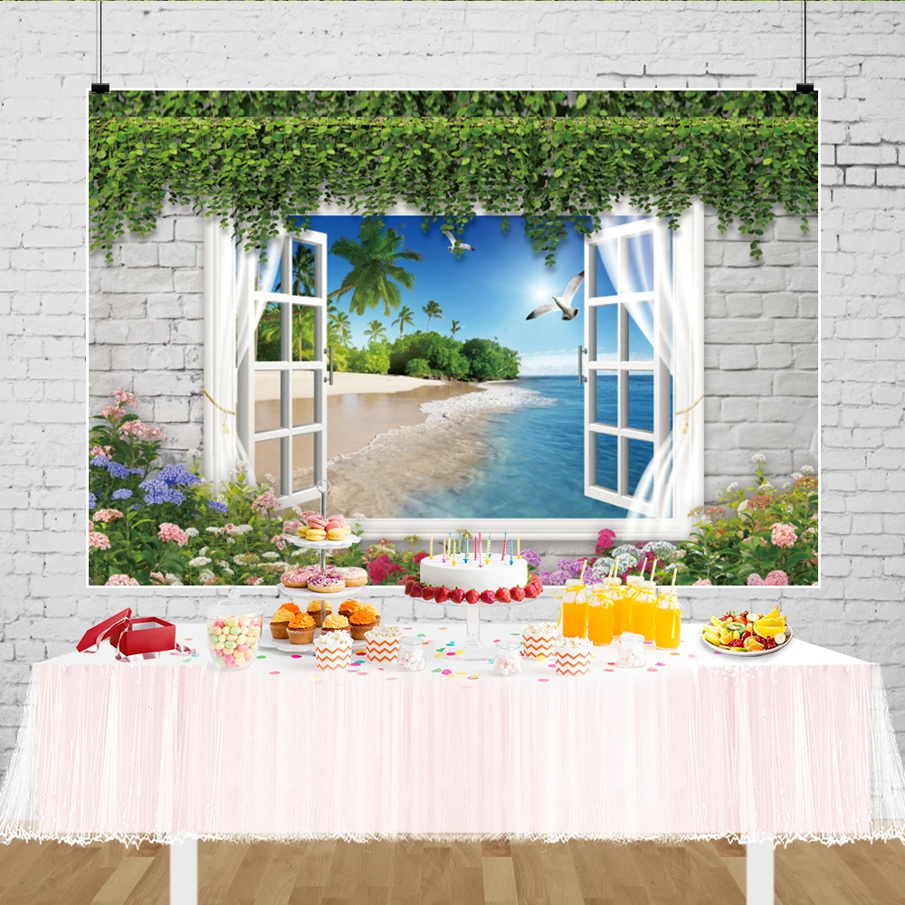 Laeacco Ocean Beach Backdrop Tropcal Summer Seaside Window Scenery Coconut Tree Interior Decor Portrait Photography Background