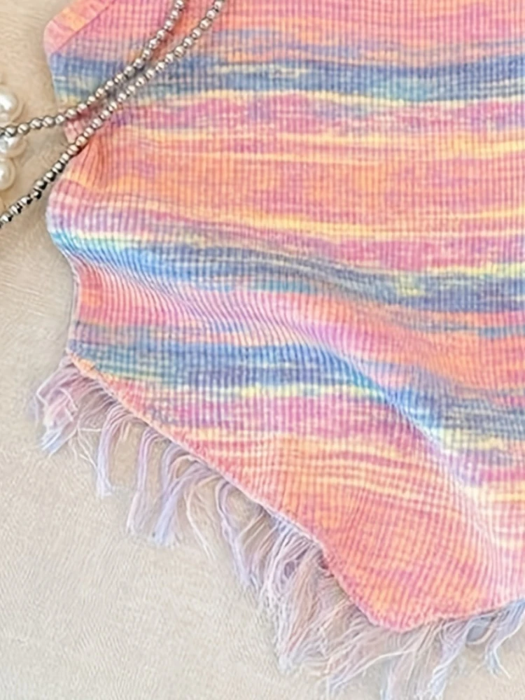 2024 Summer Tie Dye Tassel Spaghetti Strap Top Cute Hanky Hem Sleeveless Cami Top For Summer  Women\'s Clothing Crop Top Pink