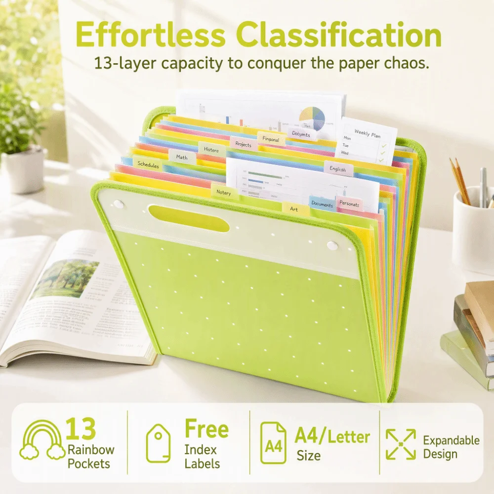 13 Pockets Expanding File Folder Polka Dot Print Rainbow Inner Pages Accordion File Bag Handheld Document Organizer Students