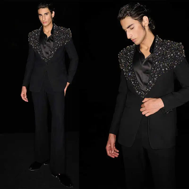 Fashion Crystal Wedding Tuxedos Notched Lapel Jacket Pant Men Suit Classic One Button Evening Prom Grooms Blazers Customized