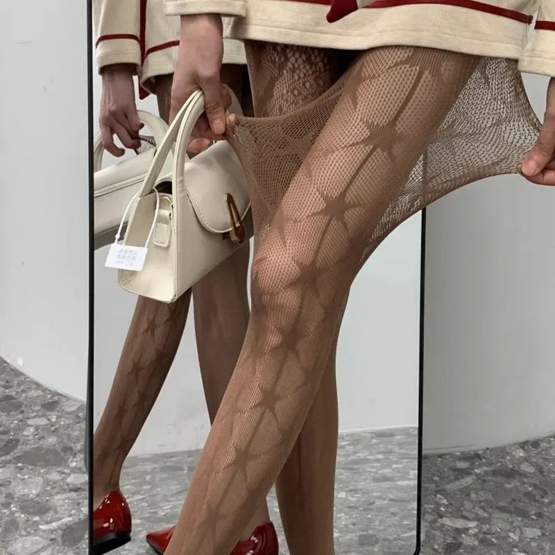 مثير شبكة منقوشة جوارب شبكية الجوف خارج AB تصميم المرأة الجوارب الخماسية نجمة طباعة الشرير سليم الساقين جوارب طويلة من الدانتيل