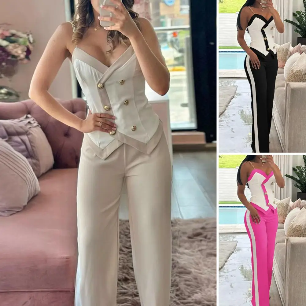 Women Slim Fit Suit Chic Women's Top High Waist Pants Set with Chain Shoulder Strap V-neck Backless Design Elegant Office