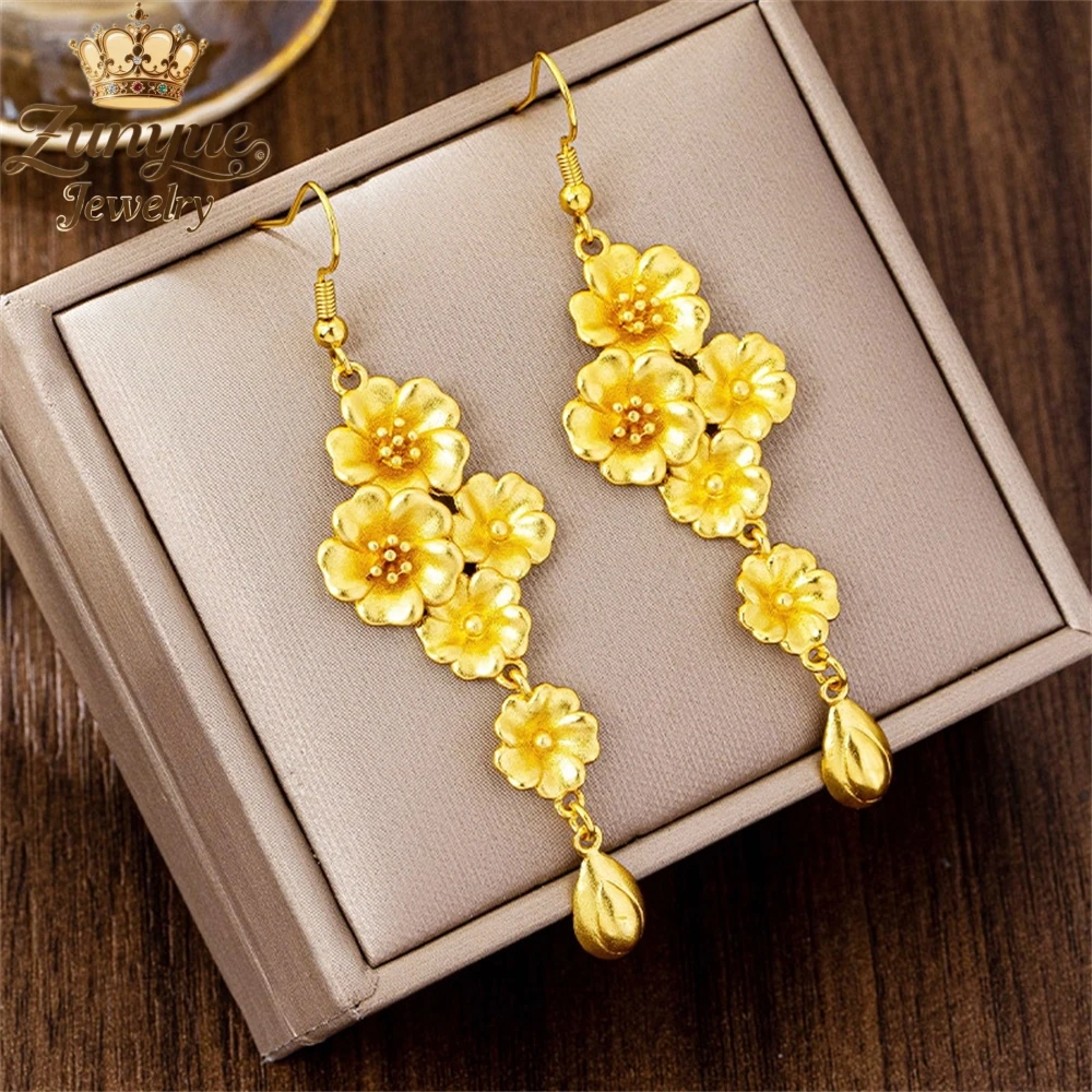 

High-End Sand Gold Flower Water Drop Earrings Luxury Quality Jewelry Handicraft Fashion Jewelry Exquisite Popular Elegant Charms