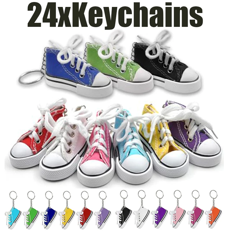 24Pcs Mini Canvas Sneaker Keychains Assorted Color Tiny Shoe Key Ring Charms for Backpack Handbag Key Decor Party Favors