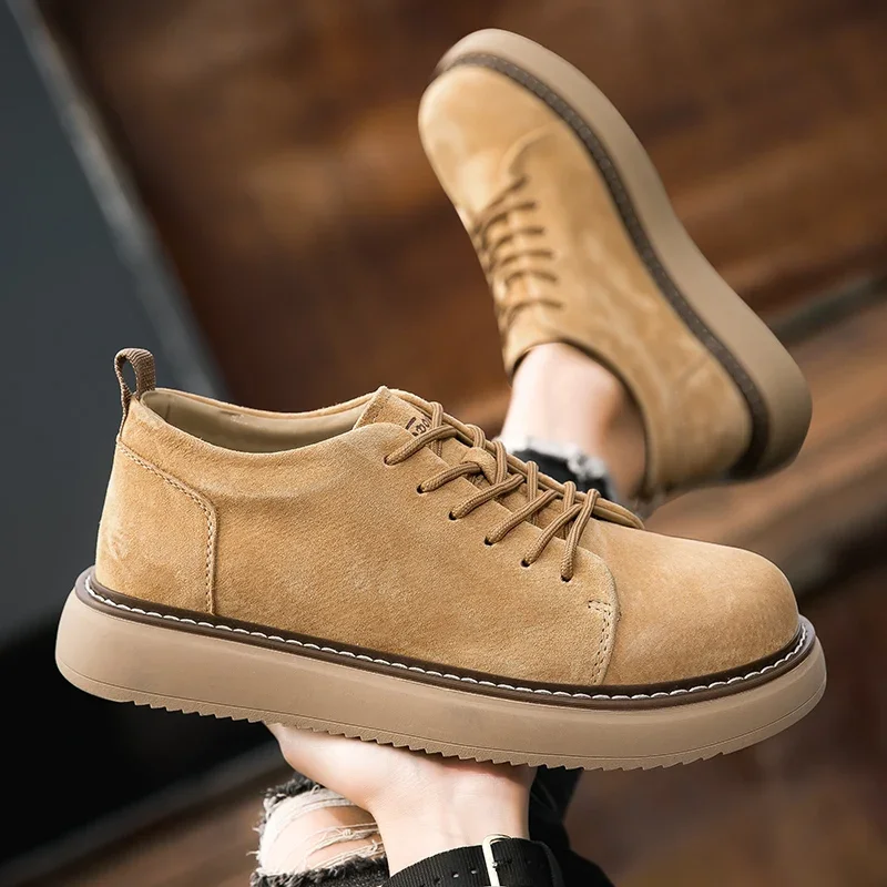 

Men basic boots casual genuine leather boots comfy flat soled round toe classic lace-up oxford shoes breathable outdoor shoes