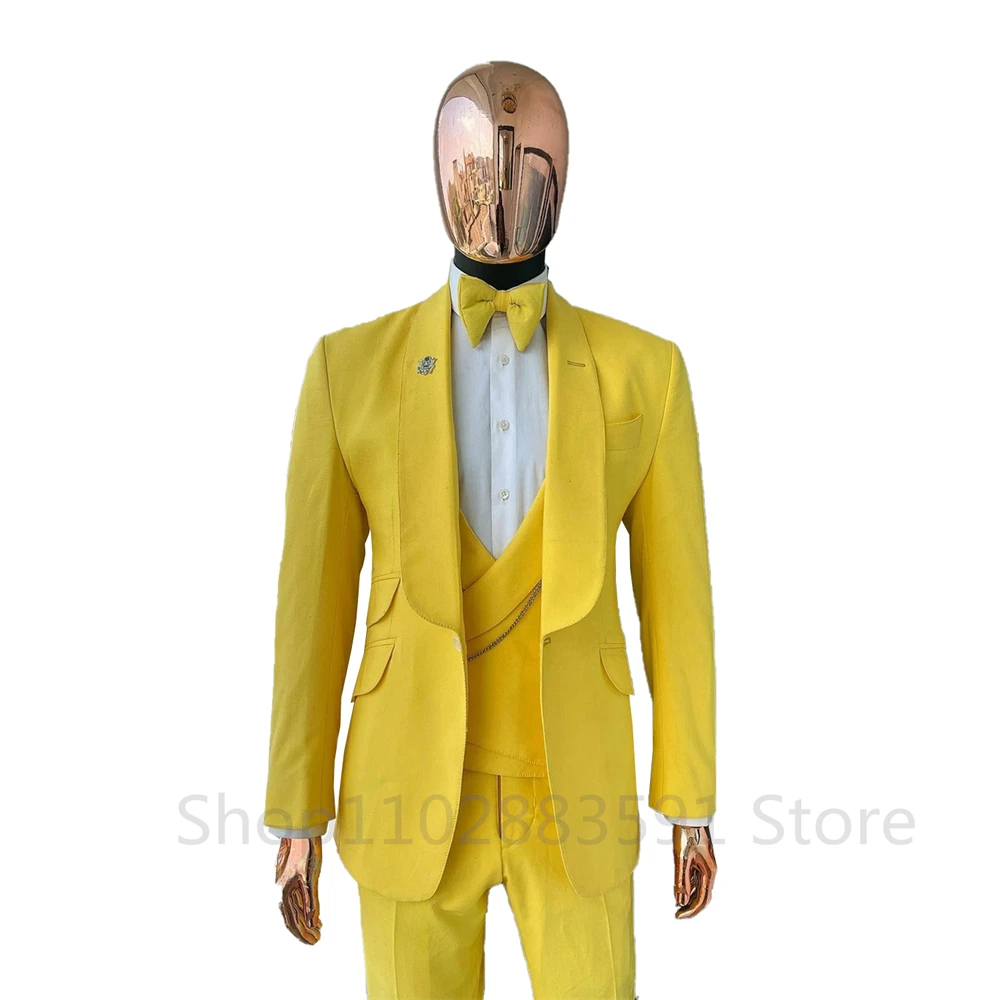 Fashion Male Suit Slim Fit Yellow Shawl Lapel Elegant Formal 3 Pieces Best Man Wedding Tuxedo (Blazer+Vest+Pants) Costume Homme