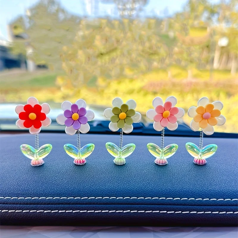 

5pcs Cute shaking head chrysanthemum car ornament flower car center console rearview mirror decoration