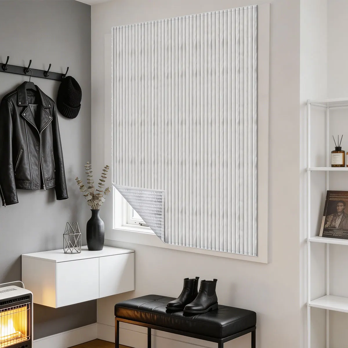 Thick Quilted Cotton Cold Proof Window Curtain, Self-Adhesive Magic Tape Light Filter Window Cover for Rental Apartment Small Wi