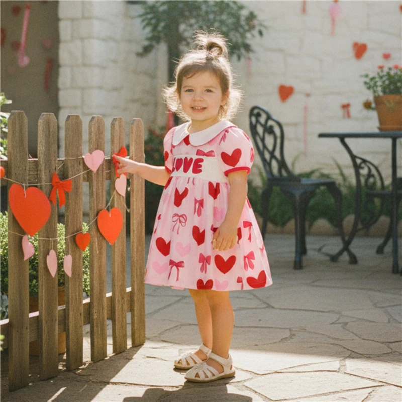 Toddler Kids Girls Valentines Day Dress Baby Girls Short Sleeve Doll Collar Heart Bow Print Dress Summer Princess Dresses