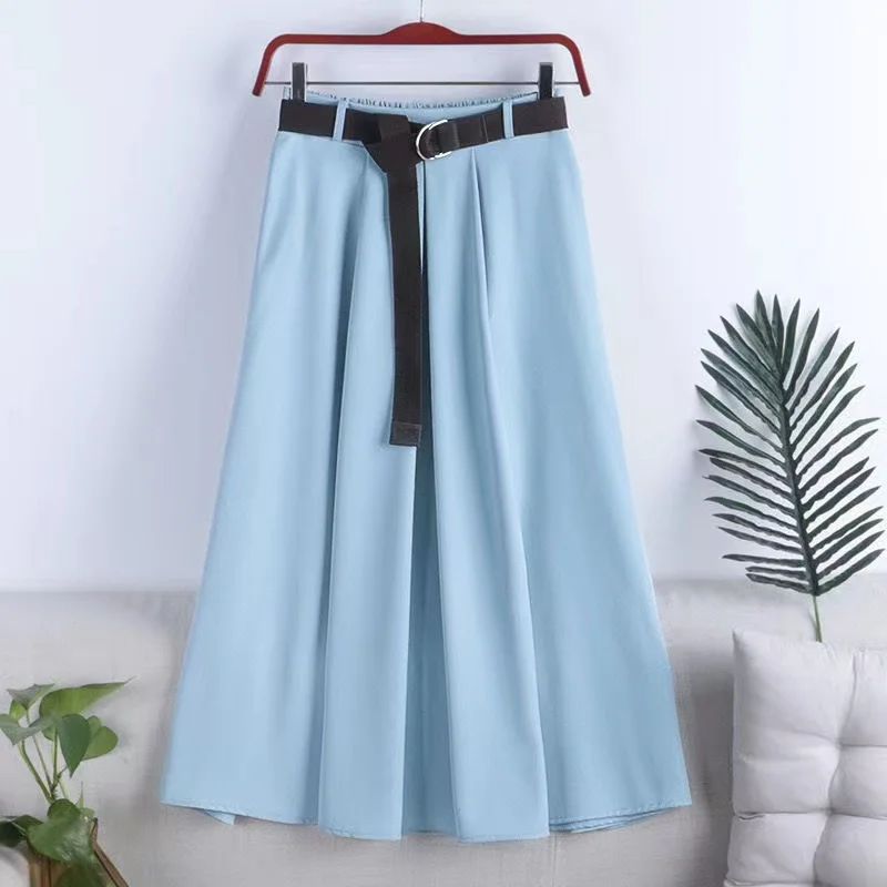 Korean Fashion Women Skirt Casual Loose Elastic High Waist Belt A Line Ladies Work Umbrella Skirt 2023 Spring Autumn Midi Skirt