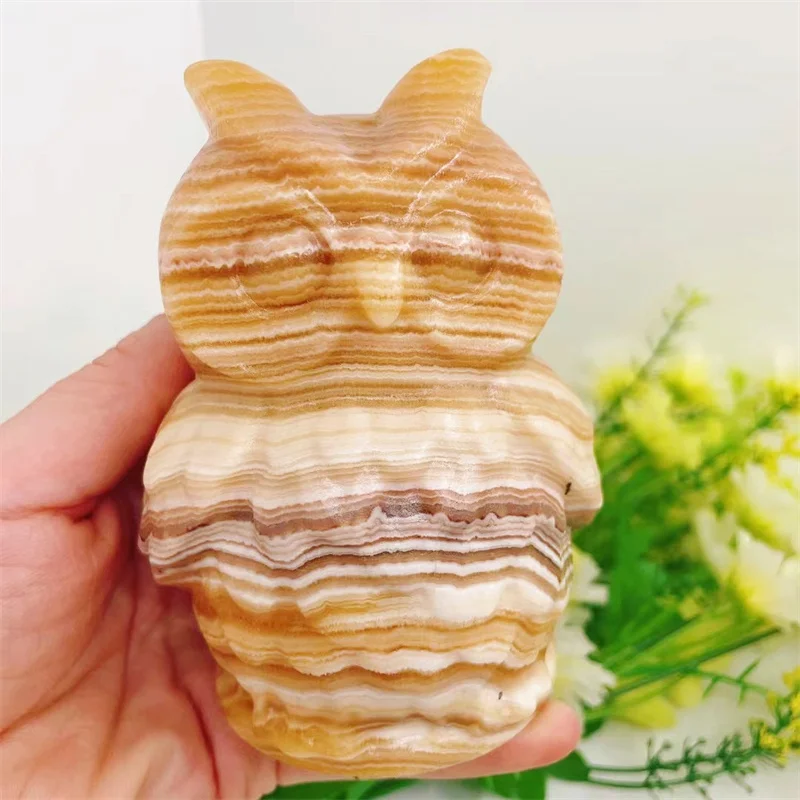 

11CM Natural Orange Calcite Owl Healing Reiki Quartz Figurine Carved Energy Gemstone Crafts For Halloween Gift 1pcs