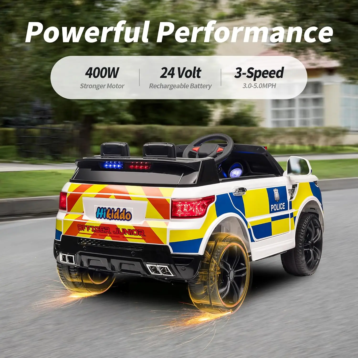 어린이용 전기 경찰차, 24V 어린이용 장난감 자동차(리모컨 포함), 400W 모터 - 흰색