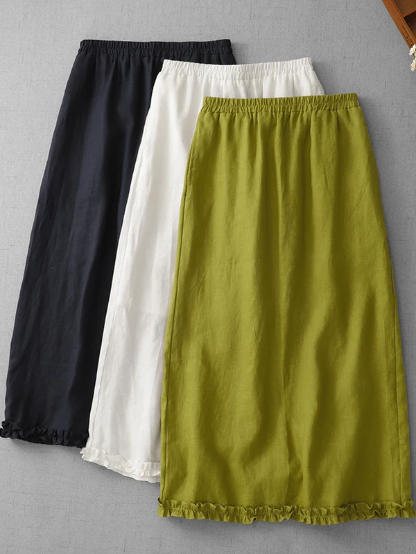 

Lightweight Linen A-Line Midi Skirt Women's Summer Breathable Vintage Wood ain f-length Skirt Straight Cut Commute Sle