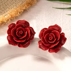 Stud Earrings For Women Red Rose Flower Retro Minimalist Geometric Ear Accessories Fashion Jewelry BE561