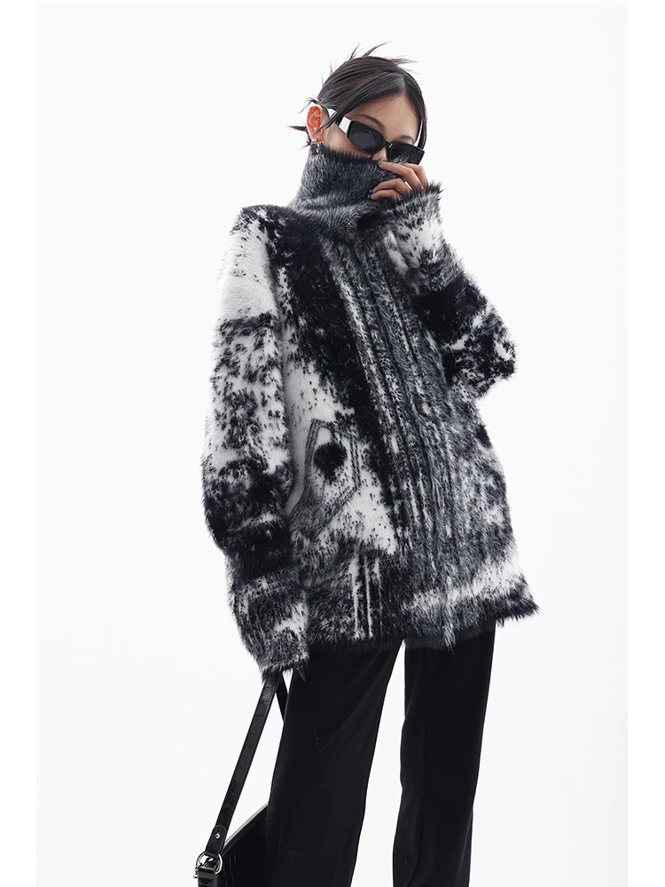 2023 Winter Lapel Loose Female Sweater Harajuku Oversize Tie Dye Contrast Color Women Knit Teddy Jacket Fluffy Plush Knitwear