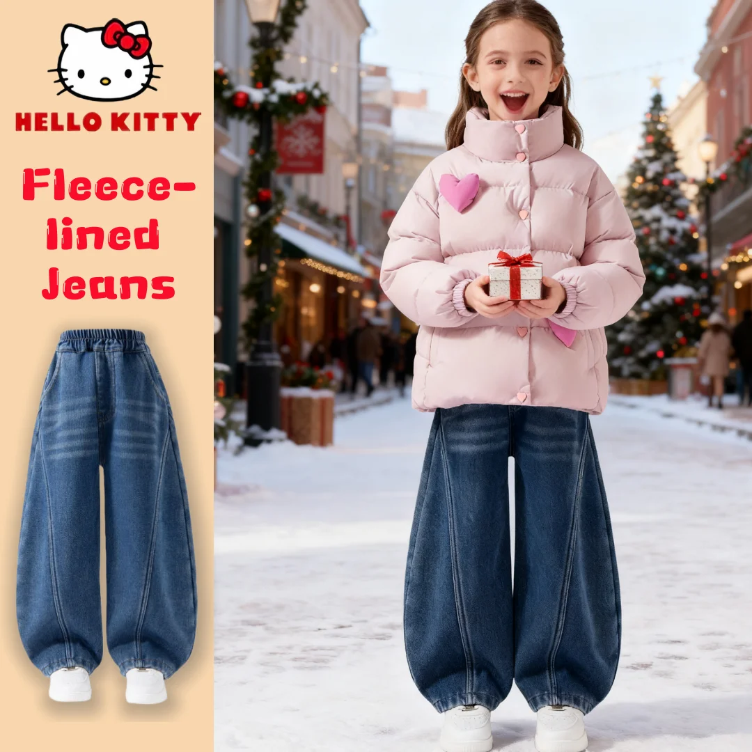 

Hello Kitty Kids Trendy Boot-cut Jeans Children Autumn Winter Plush Liner Windproof Trousers Stylish Comfortable Denim Pants