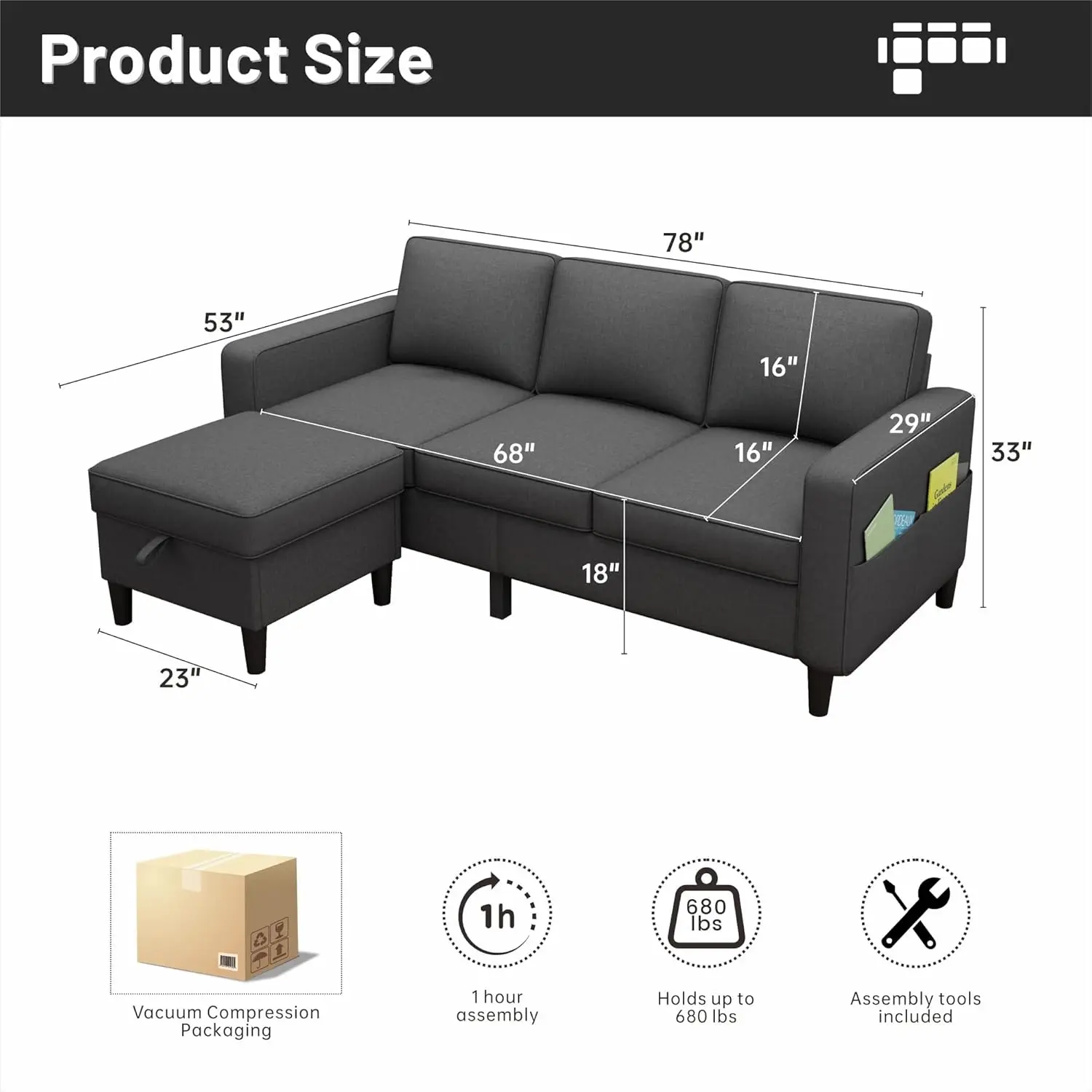 Sofa and Couches for Living Room - 78''L Shaped Dark Grey Linen Couch-Pet Friendly Modular 3-Seater Convertible Sofas-Washable