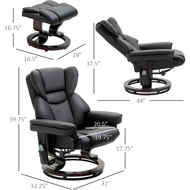 Massage Recliner Chair with Ottoman Footrest,10 Vibration Points,360° Swivel,Faux Leather w/ Side Pocket & Remote Control,Black