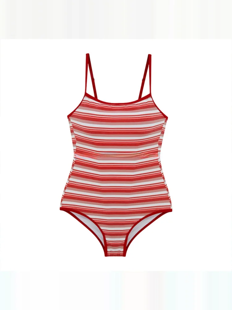New Retro Striped One-Piece Swimsuit Women's e Slimming Cover-Up Hot Springs Beach Swimwear Casual Swimwear