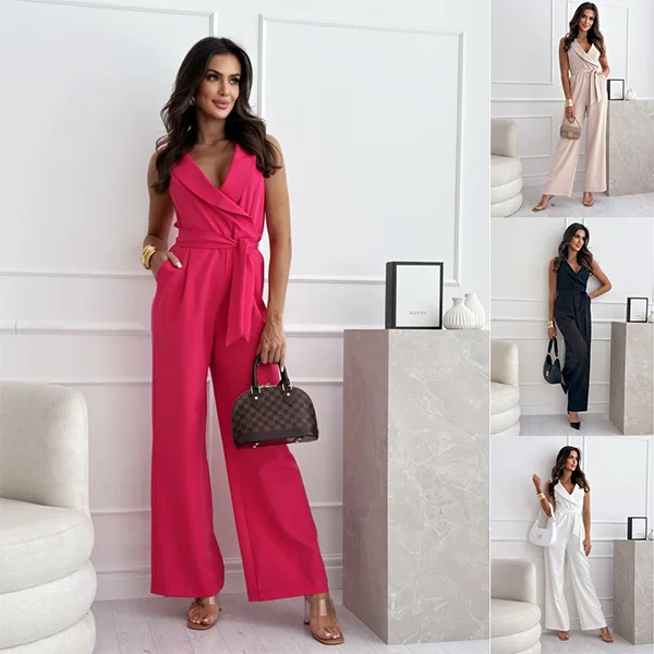 

New Sleeveless V-Neck High Waist Commuter Waist Strap Jumpsuit Trousers 2025