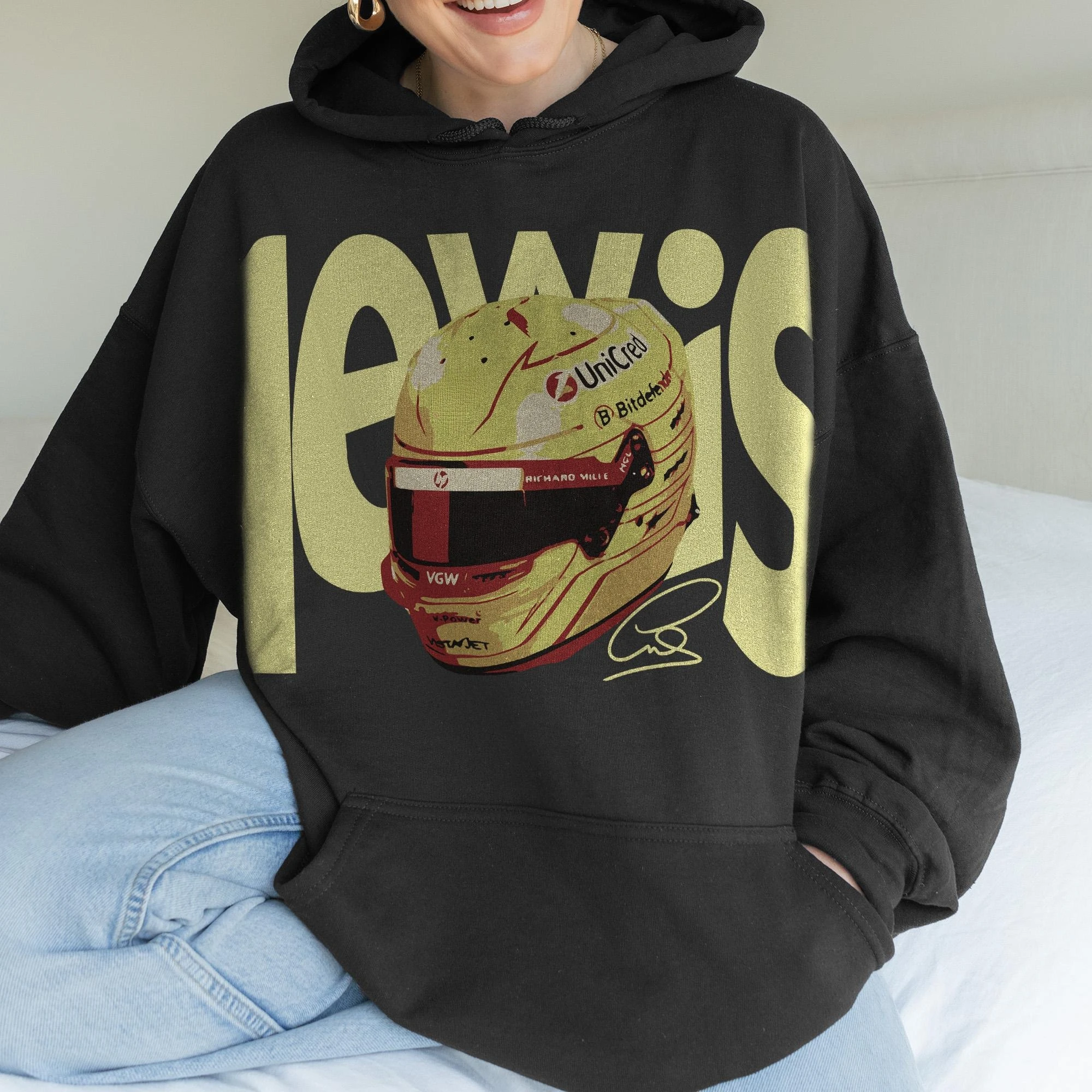 Racing Helmet Graphic Hoodie Vintage Formula 1 Driver Signature Print Hooded Sweatshirt Unisex Motorsport Fan Oversized Pullover