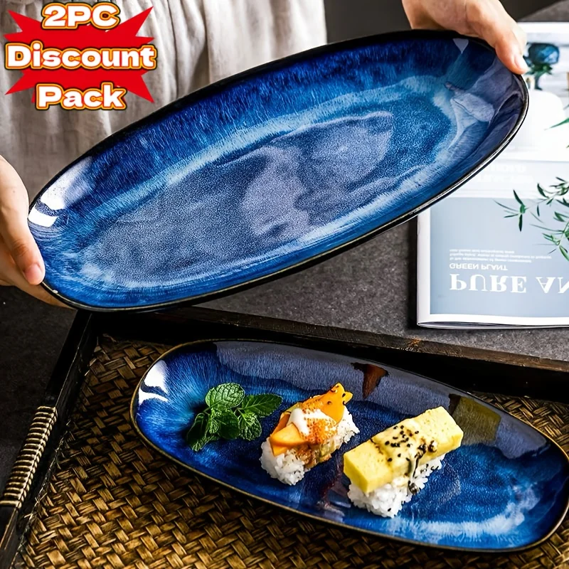 2-piece blue ceramic fish plates, thickened, gradient blue-black finish, oval shape, ideal for restaurants and home use.