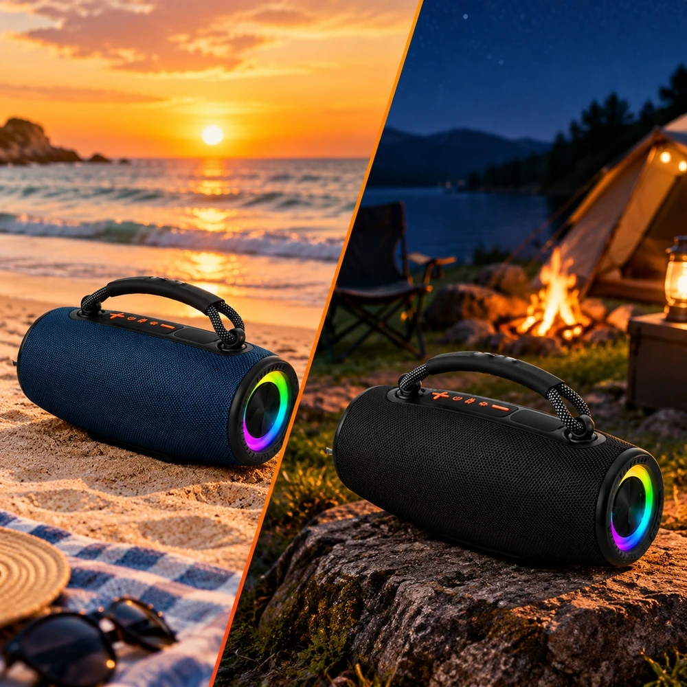 Altavoz Portátil Bluetooth 5.3 de 20W, Parlante Inalámbrico con Luces LED RGB, Función TWS, Reproducción USB y Tarjeta Micro SD, Carga USB-C, Batería 1200mAh, Asa de Transporte, para Exterior, Viaje y Fiesta