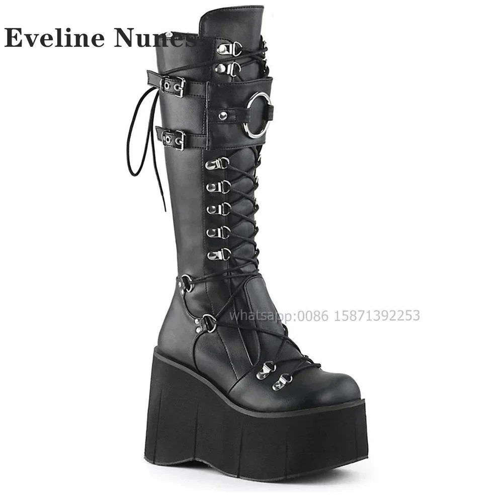 Round Toe Wedges Cross Tied Patchwork Zip Knee High Boots Metal Decoration Platform Motorcycle Boots  Big Size Belt Buckle Shoes view 5