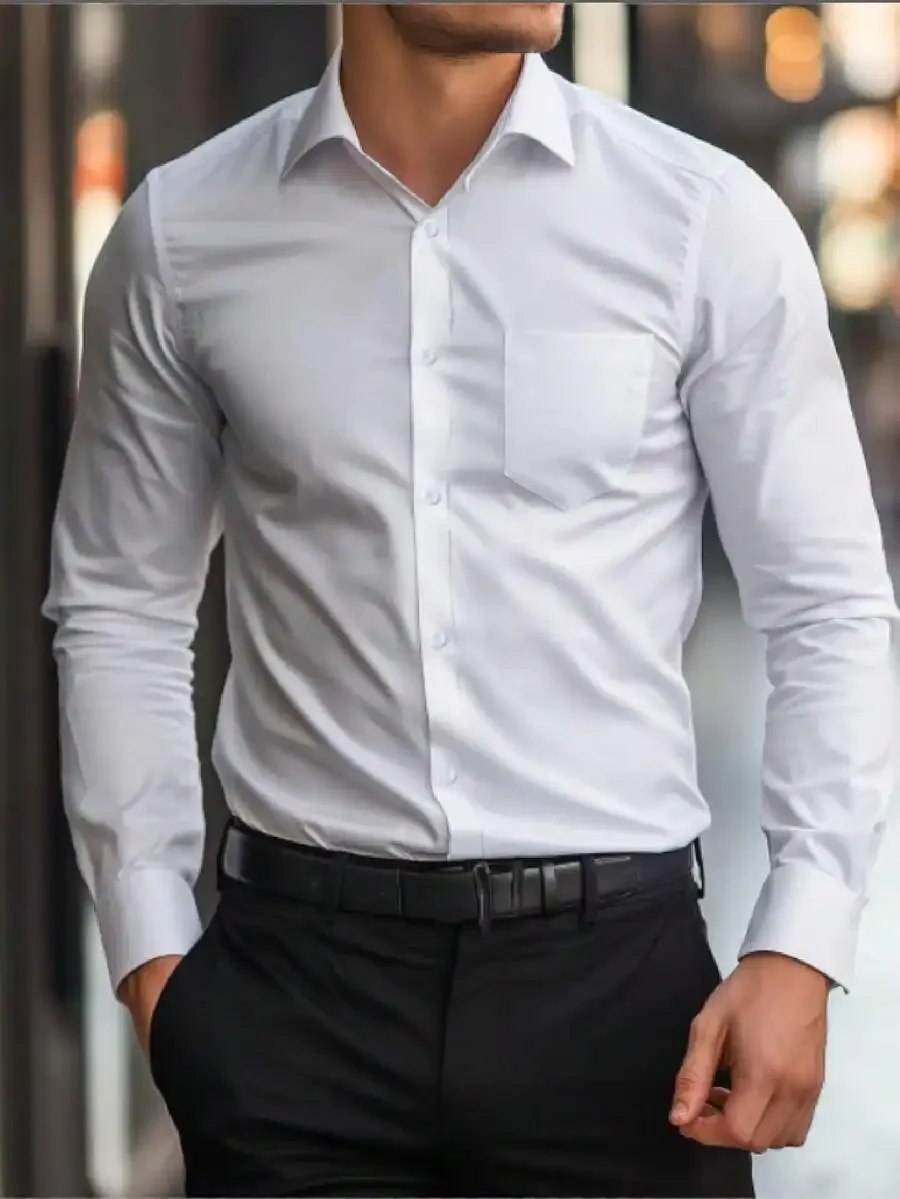 

Men's Solid White Button-Up Long Sleeve Casual Shirt with Chest Pocket