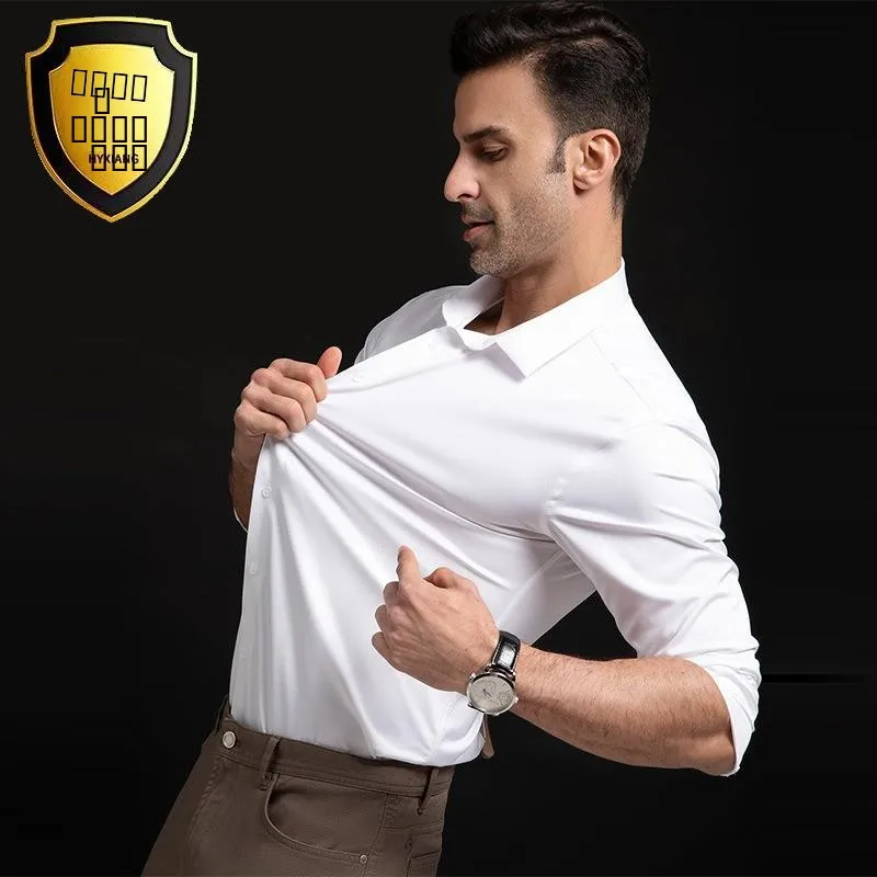

Non-Iron Silk Men's Long Sleeve Shirt Elastic Smooth Color Luxury Light Weight Casual Neck Inner Wear for Men
