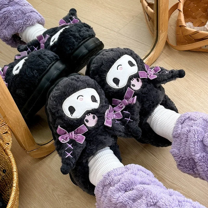 Sanrio Kuromi All Inclusive with Cotton Slippers Women's Home Cartoon Anime Accessories Indoor Warmth Kawaii Plush Cotton Tow