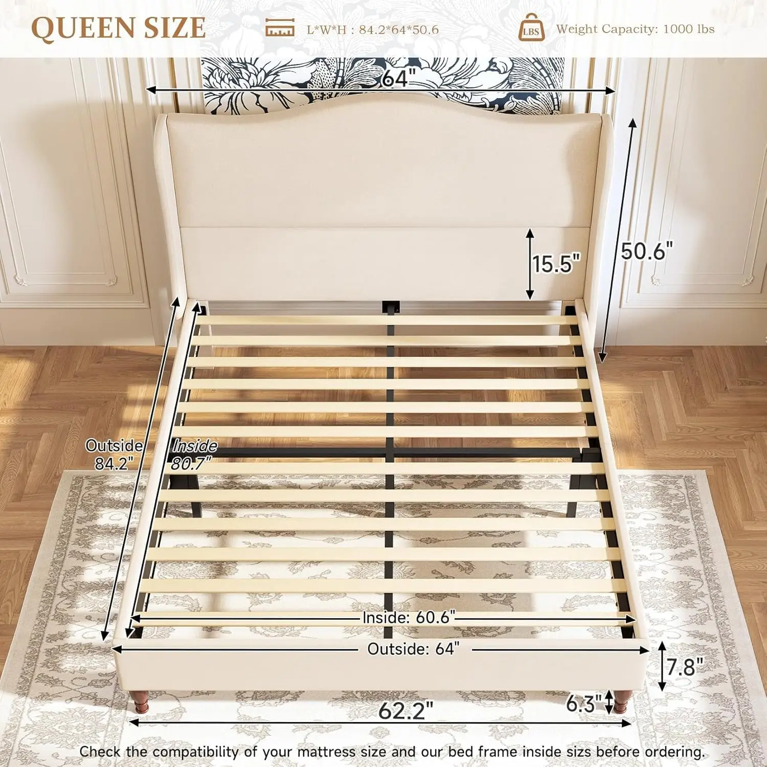 koorlian Queen Size Bed Frame Upholstered Platform Bed with 51