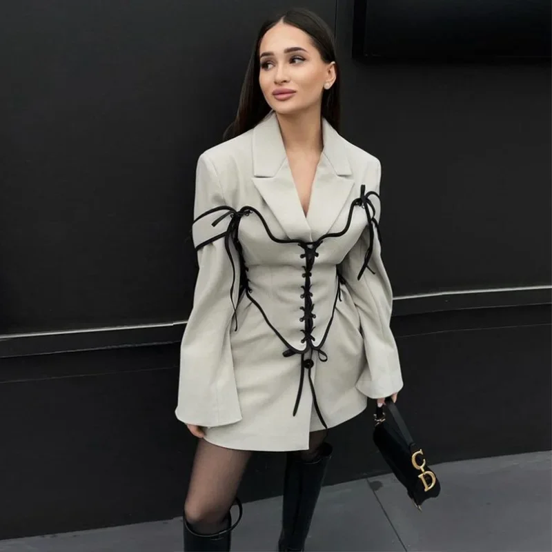 Two Piece Sets Dress Set Women Coats Dresses Mid Length Coat Notched Full Sleeve Corset Elegant Splice A Line Slim Fit Autumn