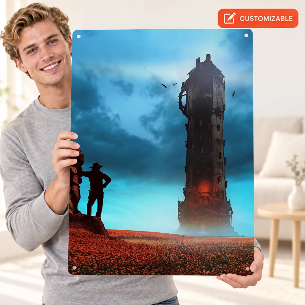 The Dark Tower And Roland Textured Metal Poster Customized Aluminum Sign Gothic Digital Illustration Wall Art For Gaming Room