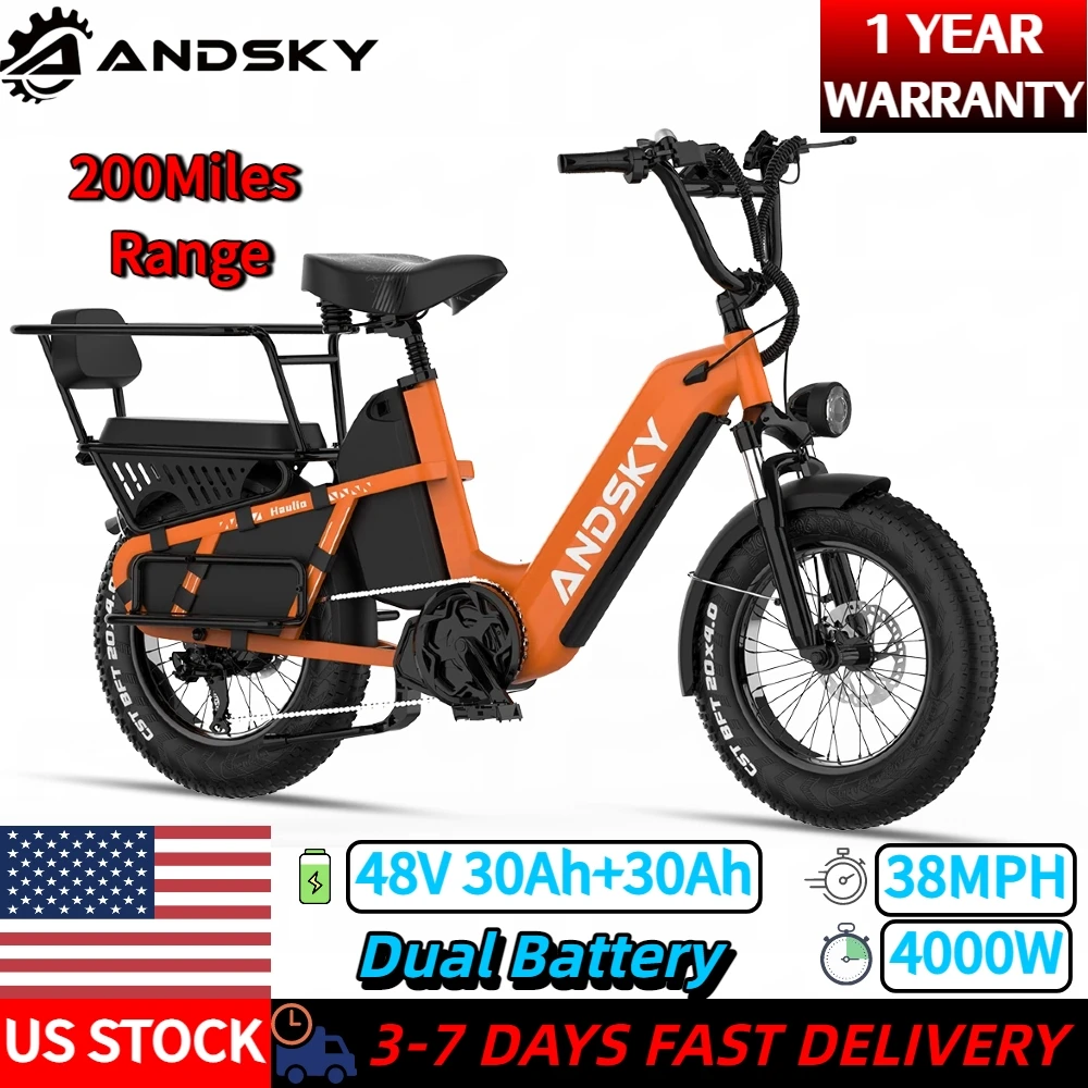 ANDSKY Haulio S Dual Battery Electric Bike 200Miles Extremely Long Range Cargo E-bike 4000W Power 38MPH 48V 30Ah+30Ah 20×4in Puncture-Resistant Fat Tires Electric Bicycle