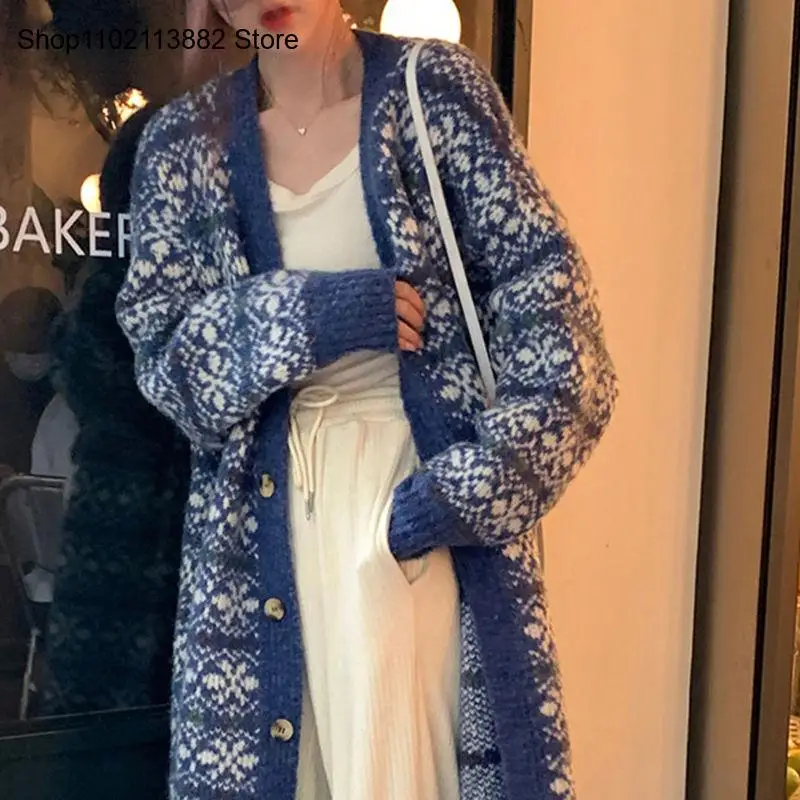Western Style Ethnic Style Long Sweater Loose and Lazy Cardigan Jacket Women's Jacquard Contrasting Color Knitted Sweater