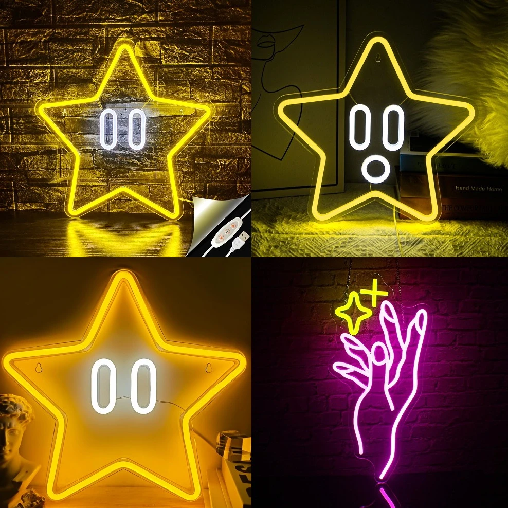 Dimmable Super Star Led Neon Star Neon Sign Gaming Neon Sign for Game Room Decor USB Powered Light Sign for Boys Kids Room Decor