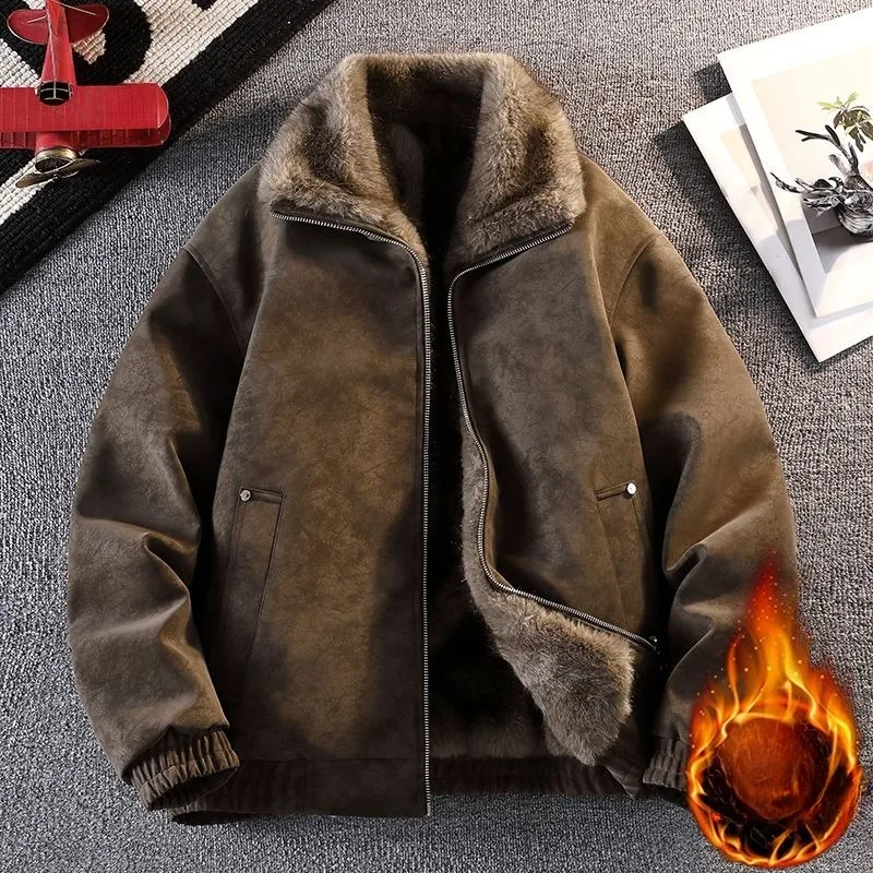 Men's Korean-style Motorcycle Suit Coat Plus-size Versatile Winter Clothin Fleece Thickened Faux Fur One-piece Leather Jacket - view 2