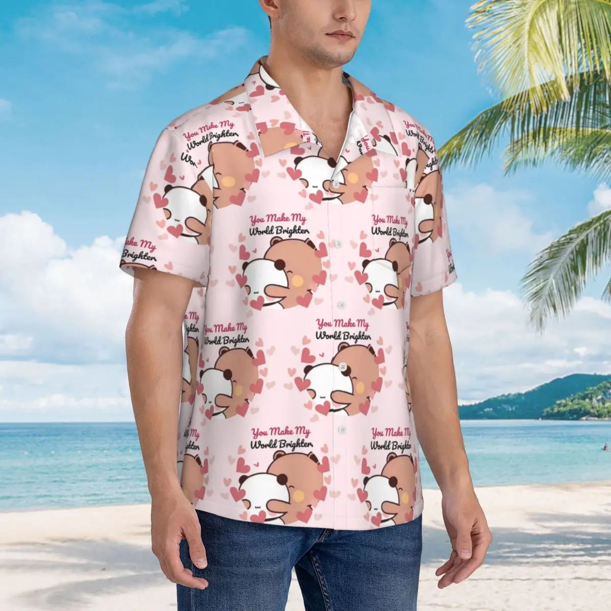 

Panda Bear And Brownie True Love Happy Birthday BUBU DUDU Hawaiian Shirts Men Short Sleeve Shirt Summer Beach Men's Button Tops