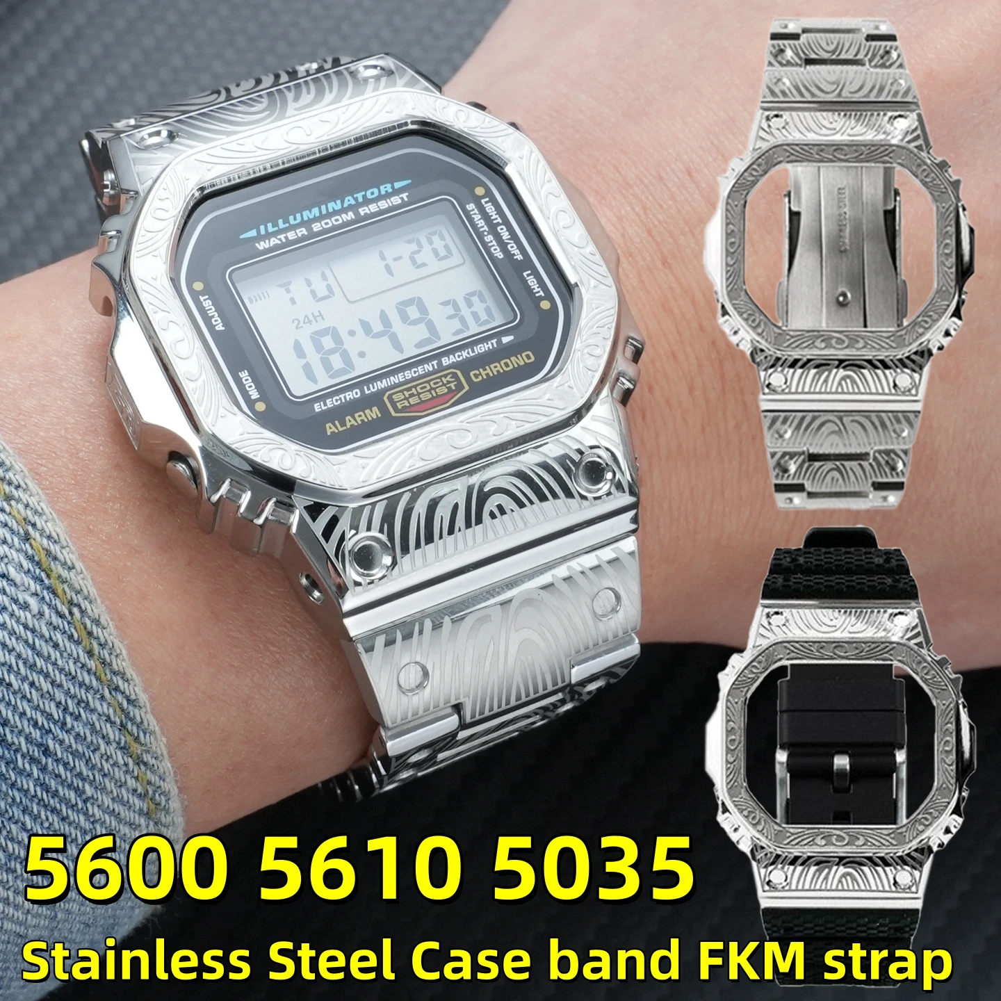 DW5600 DW5035 Mod kit Stainless Steel Case & band For Casio DW-5600 GW-M5610 DW-5000 Metal bezel Fluorine rubber watch Strap