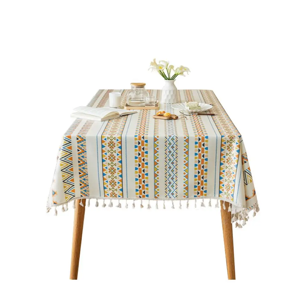 Cotton and linen wash-free fabric ethnic style rectangular tassel restaurant homestay tablecloth waterproof and oil-proof