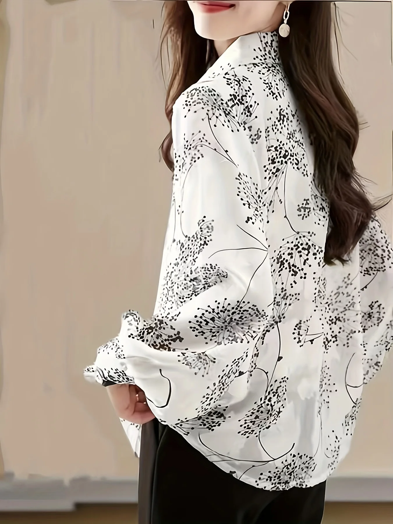 Spring and autumn new French print fashion loose thin lapel long sleeve chiffon shirt blouse for women