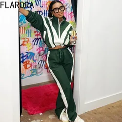 FLARORA 2024 Autumn Contrast-color Women Tracksuits Casual Zipper Fly Coat And Side Stripe Jogging Pants Women's Two Pieces Set