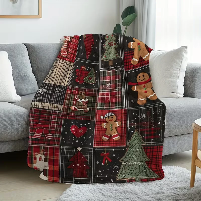 1pc Vintage Christmas Blanket Gingerbread for Man and Cedar Tree Plaid Print Flannel Throw Blanket Sofa, Bed, Office Blanket