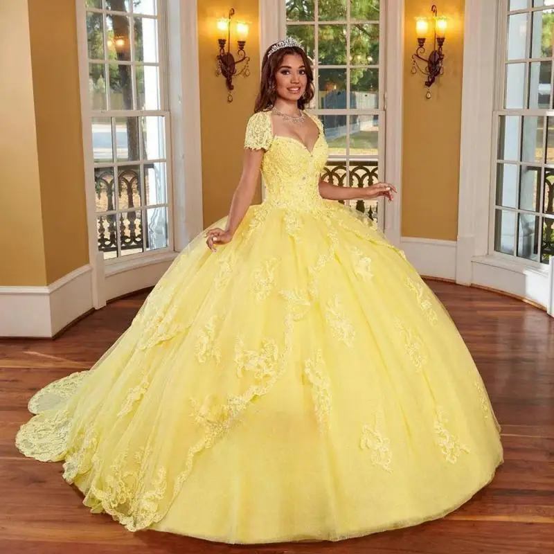 

Princess Sweetheart Quinceanera Dresses for Girls Lace Appliques Glitter Detachable Sleeves Robe Princess Bleu Femme