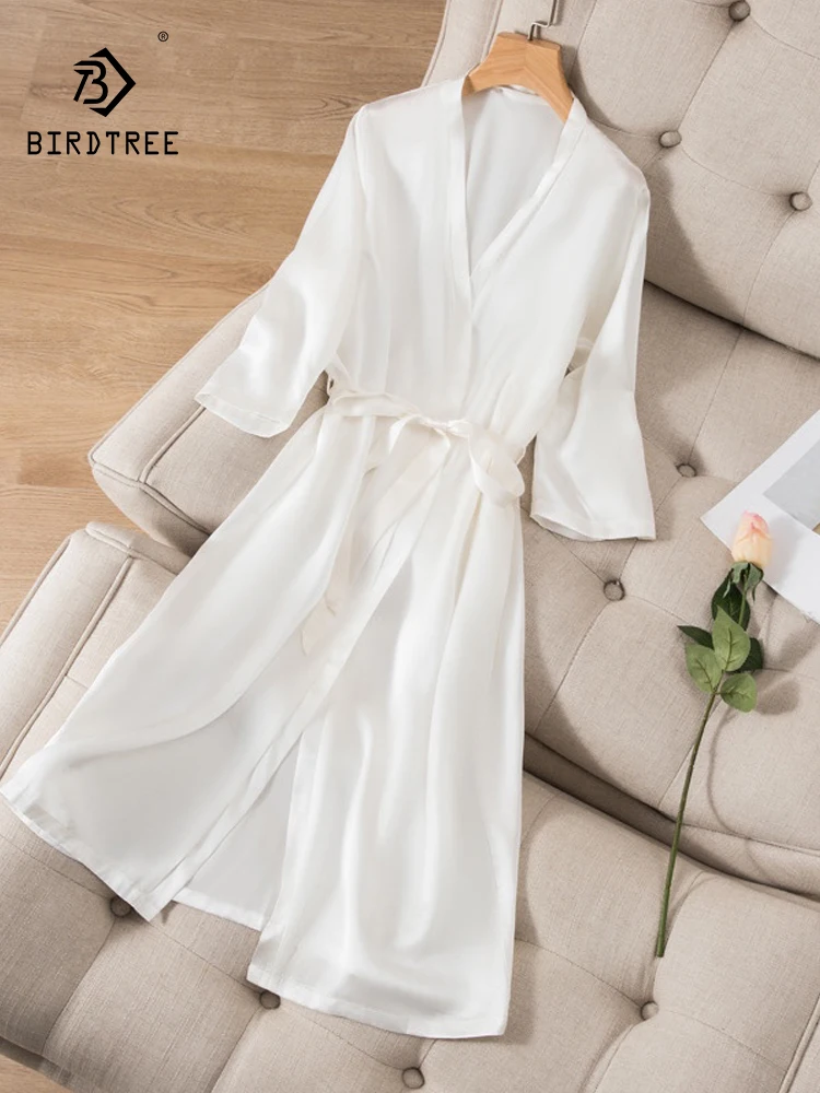 

Birdtree Real Silk Solid Pajamas Dress For Women Bathrobes Lace-Up Sexy Elegant Casual Dresses 2024 Spring Summer New D3D978QC