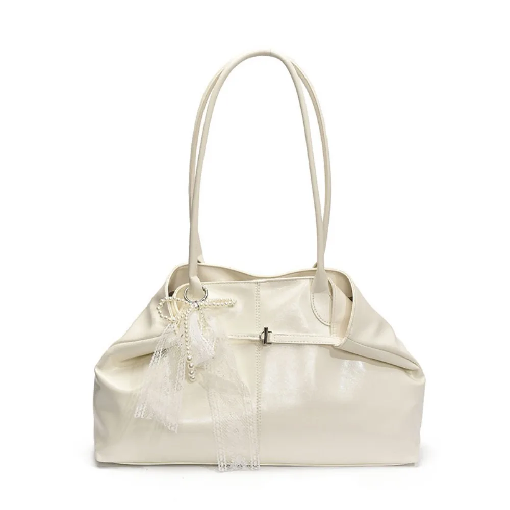 

Cute PU Leather Shoulder Bag Tote Bag Solid Color Versatile Armpit Bag with Bow Lace Pendant Large Capacity Underarm Bag Women