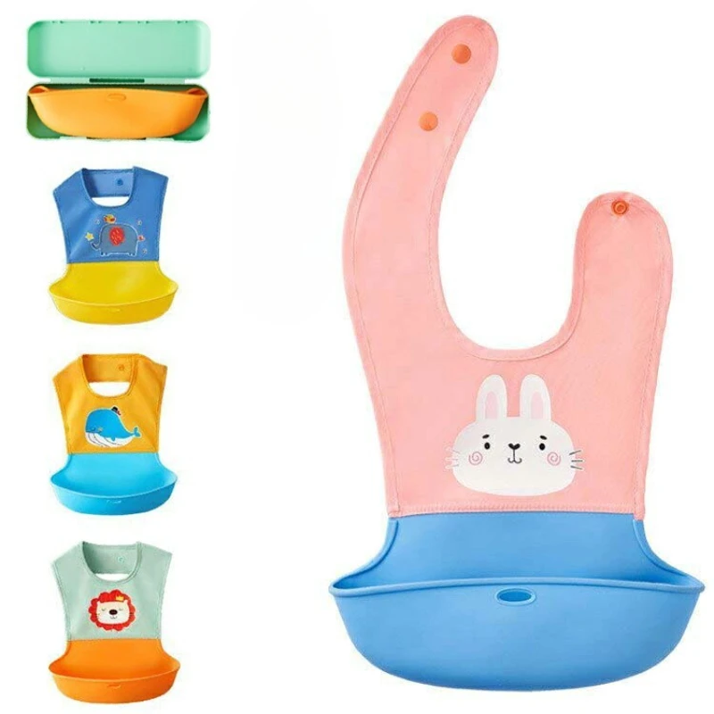 Cute Mess Proof Baby Bib Toddler Baby Apron Feeding Bib with Pocket Cartoon Infant Teething Bib for Girl Boy Waterproof Washable