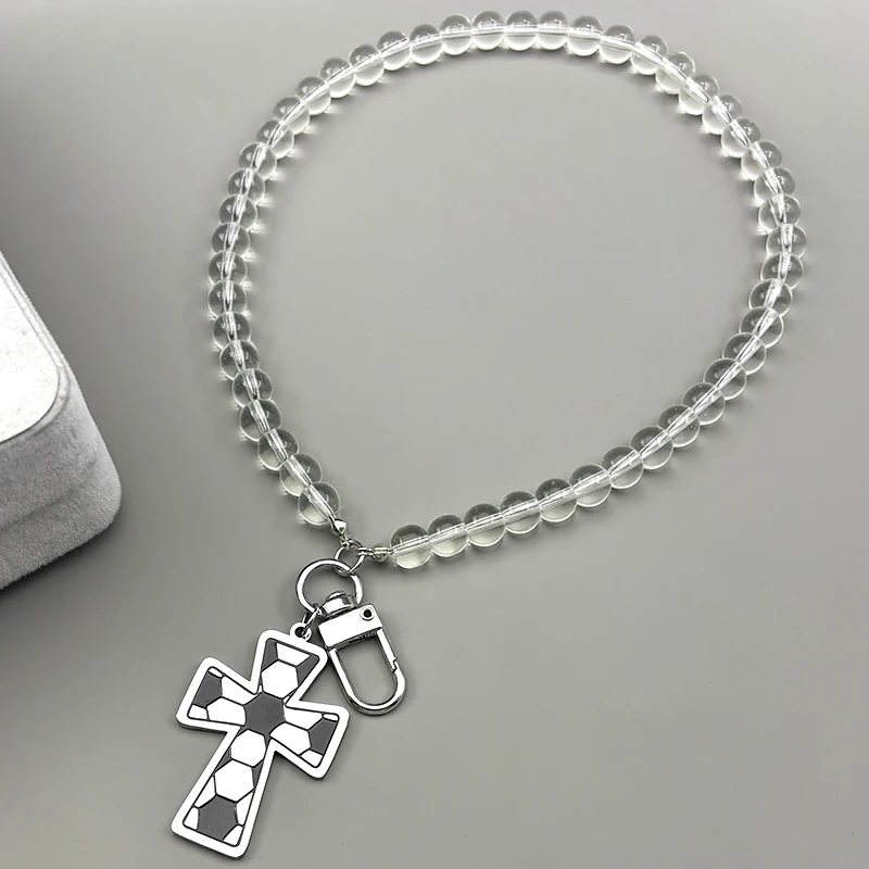 

Christian Football Pattern Cross Car Pendant for Men Women Stainless Steel Religious Prayer Jesus Glass Beads Chain Jewelry